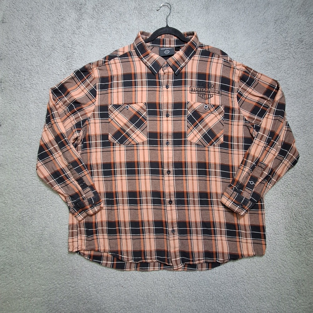 Harley Davidson Button Up Shirt Mens 3XL Black Plaid Embroidered Logo Cotton